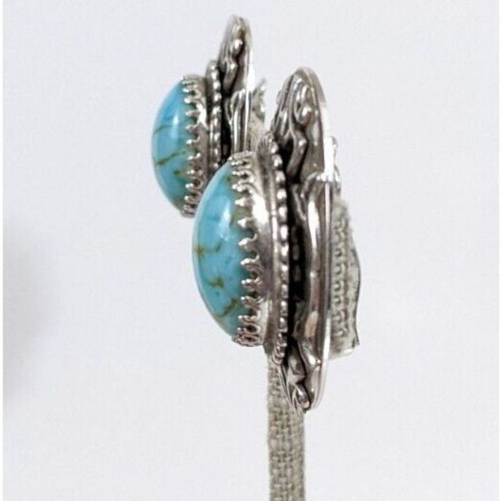 Large Oval Turquoise Art Glass Whiting And Davis Clip On Earrings - Vintage - Picture 7 of 10